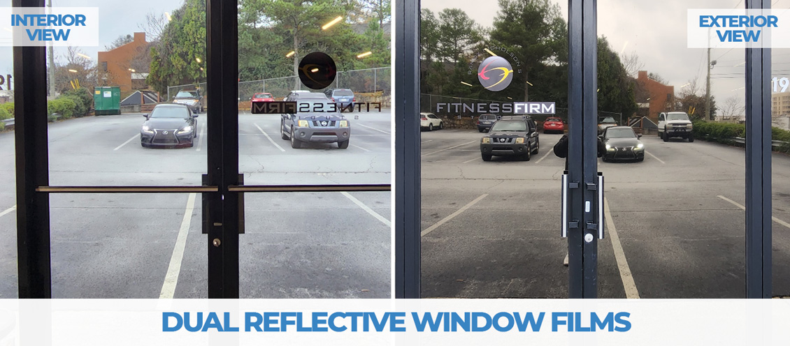 Interior/Exterior Views of Fitness Firm Studio's Dual Reflective Window Film and Its Logo Installed by CoolVu Marietta