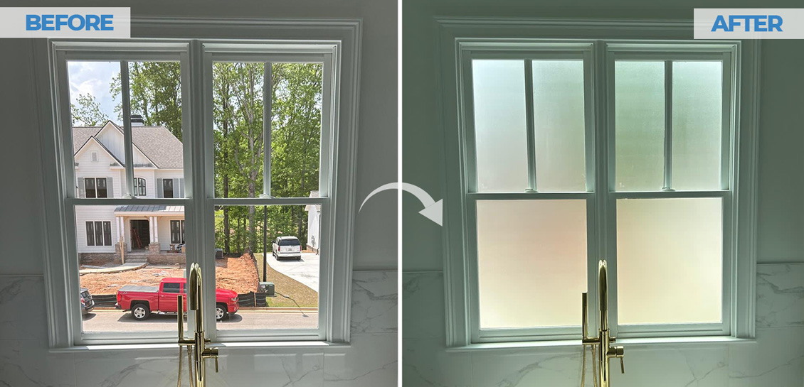 Before: Window Without Film On Left and After: Window on Right With Frosted Privacy Film Installed